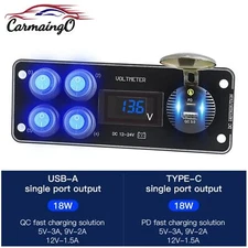 4 Gang LED Toggle Switch Panel Voltmeter QC 3.0 USB Charger for Car Marine Truck