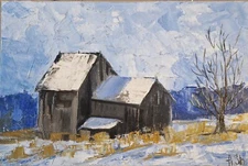 Original oil on canvas painting rural winte landscape houses fields 8x12" OOAK