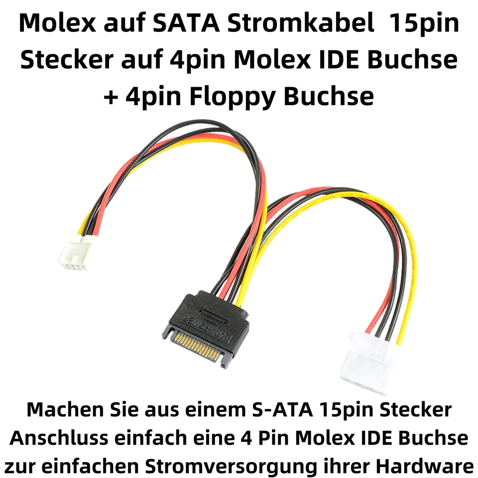 Q79 Stromkabel SATA Kabel 15pin Stecker auf 4pin Molex + 4pin Floppy Buchse 18cm - Bild 2 von 4
