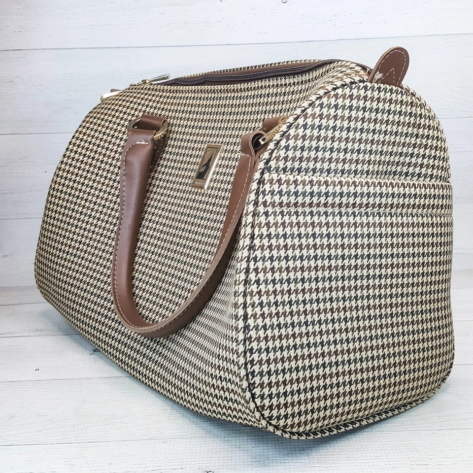 London Fog Hounds Tooth Brown Black Barrel Shoulder Bag Duffle Travel Tote 15" - Image 3 of 4