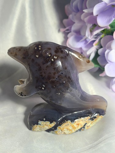 4" 435g Beautiful Druzy Geode Agate Dolphin Whale Crystal Stone Carving Statue - Picture 10 of 24