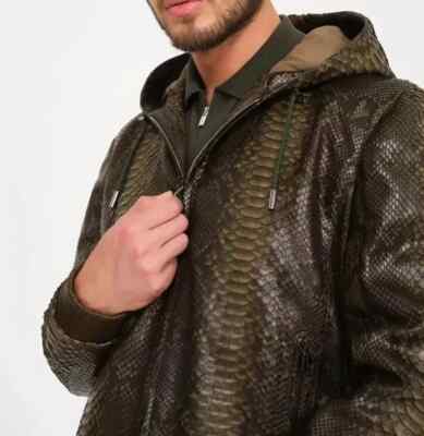 NEW Men's Dark Green Python Embossed Leather Jacket NWT