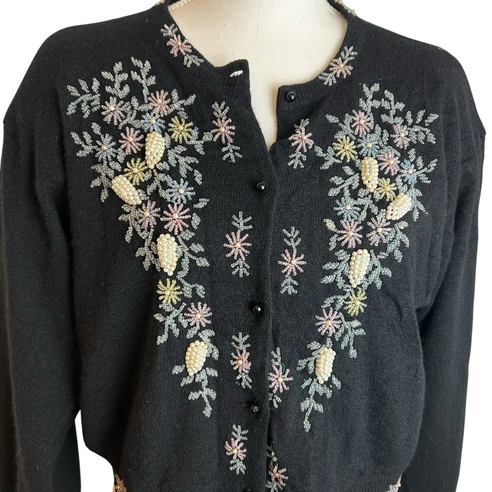 Cárdigan Recortado De Colección Jay Jacobs Angora Lana de Cordero Floral Con Cuentas Forrado L Coqueta Foto 2 de 4