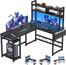 Gunji 120x140cm L Shaped Gaming Desk with Desktop,LED Lights, Power Strips