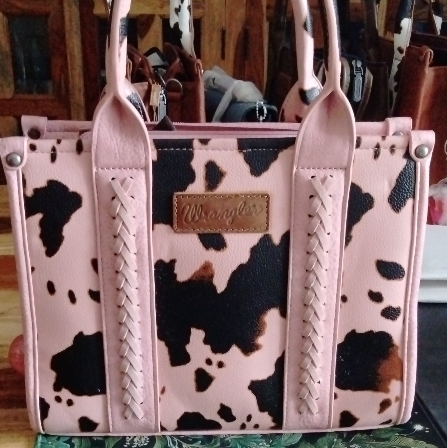 Wrangler Pink Cow Print Satchel Top Handle Zip Strap Bag Charm