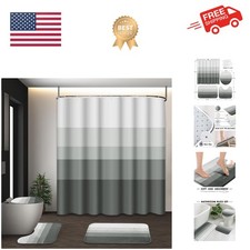 Striped Grey Shower Curtain Set with Toilet Lid Cover and Non-Slip Rugs for B...