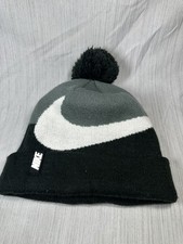 Nike Knit Cap Youth Beanie Hat Black Gray With Pom Swoosh Logo Cuffed