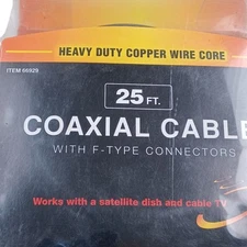 25ft Coaxial Cable F-Type Connectors Heavy Duty Copper Core Satellite TV