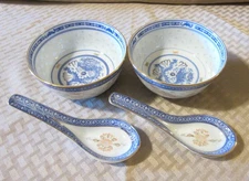 2 Vtg. Porcelain Rice Grain Bowls With Spoons - Blue, White And Red w/ Gilt