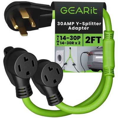 30A 4-Prong Dryer/EV Y Splitter: NEMA 14-30P to 2X14-30R, 10AWG, Green