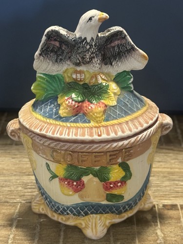 VTG ceramic hand-painted fruit-themed canister with an eagle lid - Afbeelding 1 van 8