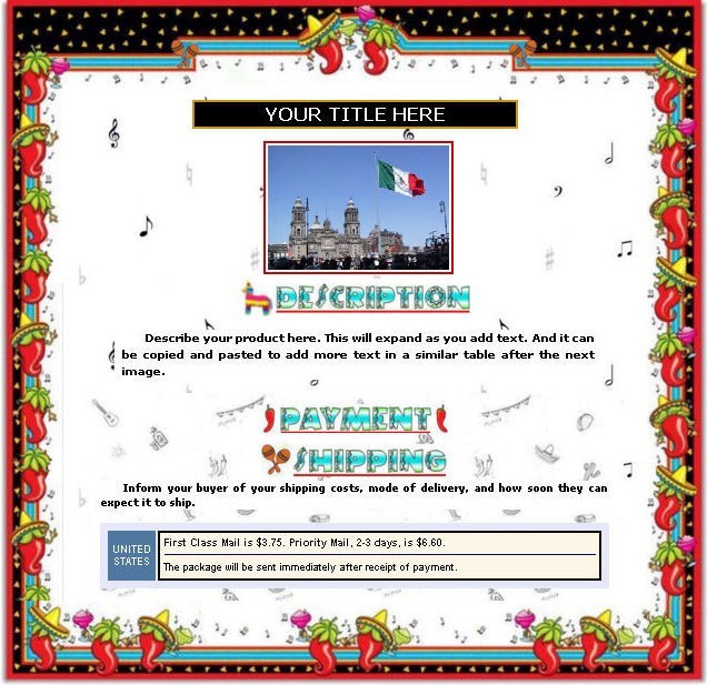 AUCTION TEMPLATE Mexican Hispanic Music Notes Border Design  Free Email Shipping