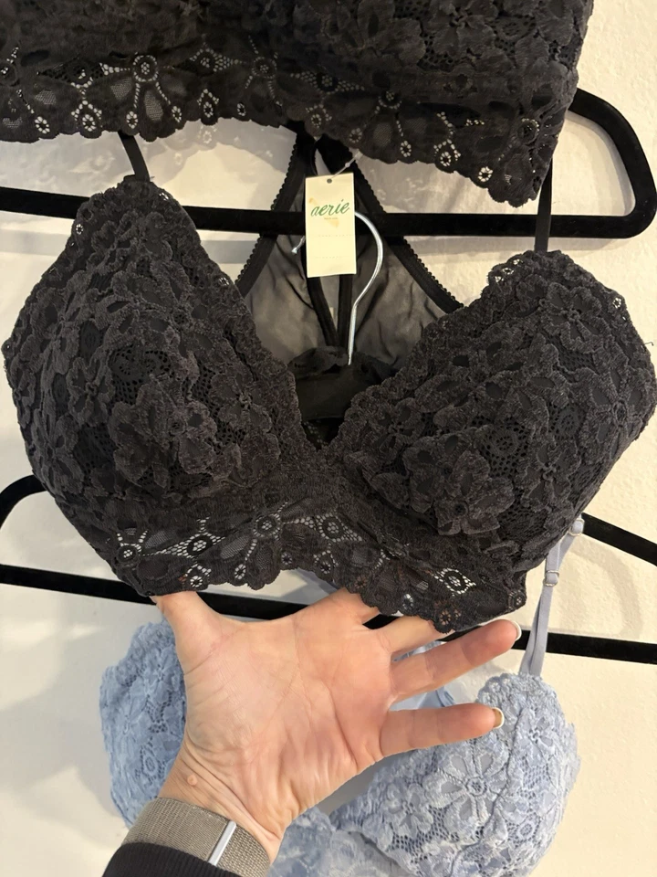 Lote de 3 Bralette Aerie Old Azul Marino Acolchado de Encaje en AZUL y Negro Talla Grande L Nuevo Foto 4 de 4