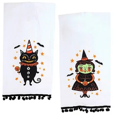 Transpac Cat & Witch Tea / 2 Hand Towel Set Johanna Parker Halloween