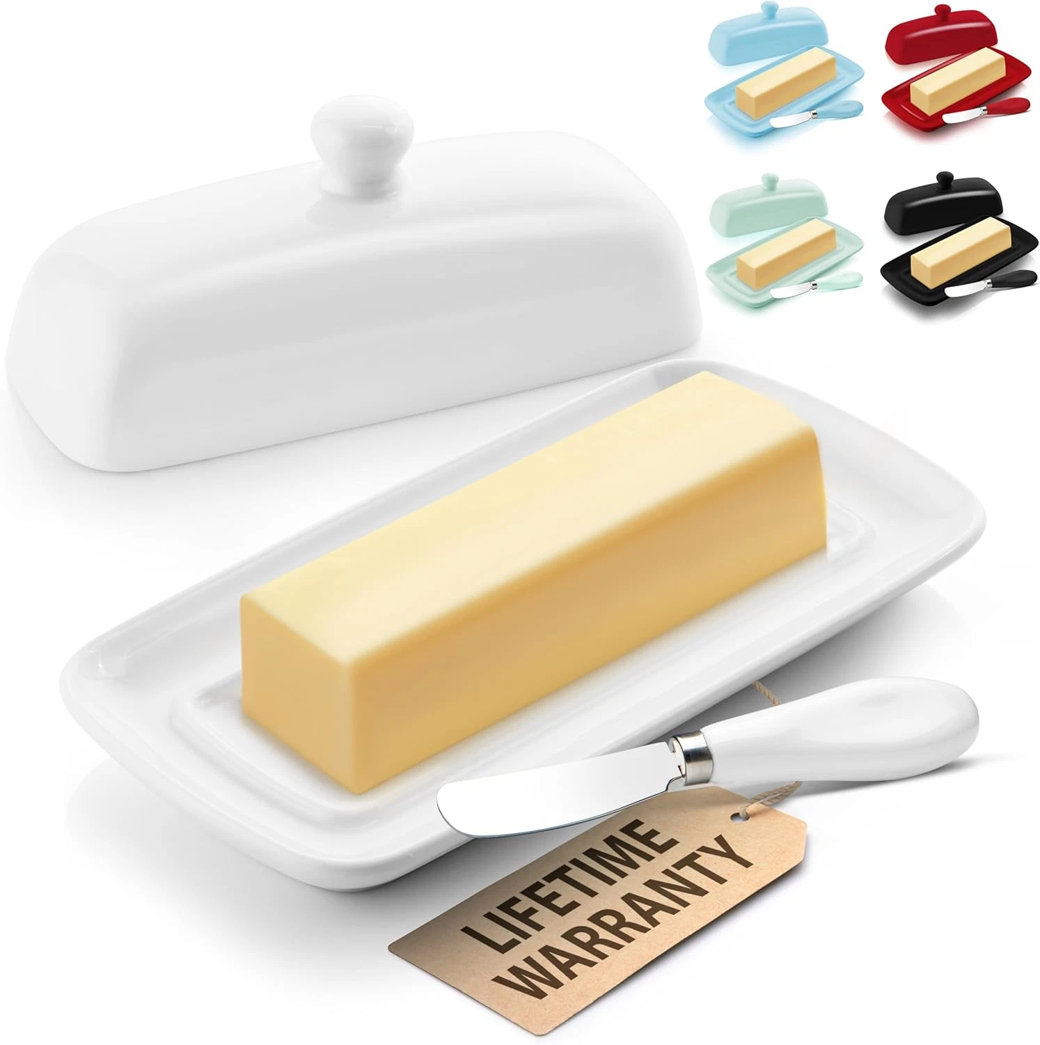Zulay Kitchen - Porcelain Butter Crock With Lid & Knife - Authentic French Butter Dish Keeper For Fresh - Mint - Thumbnail 2