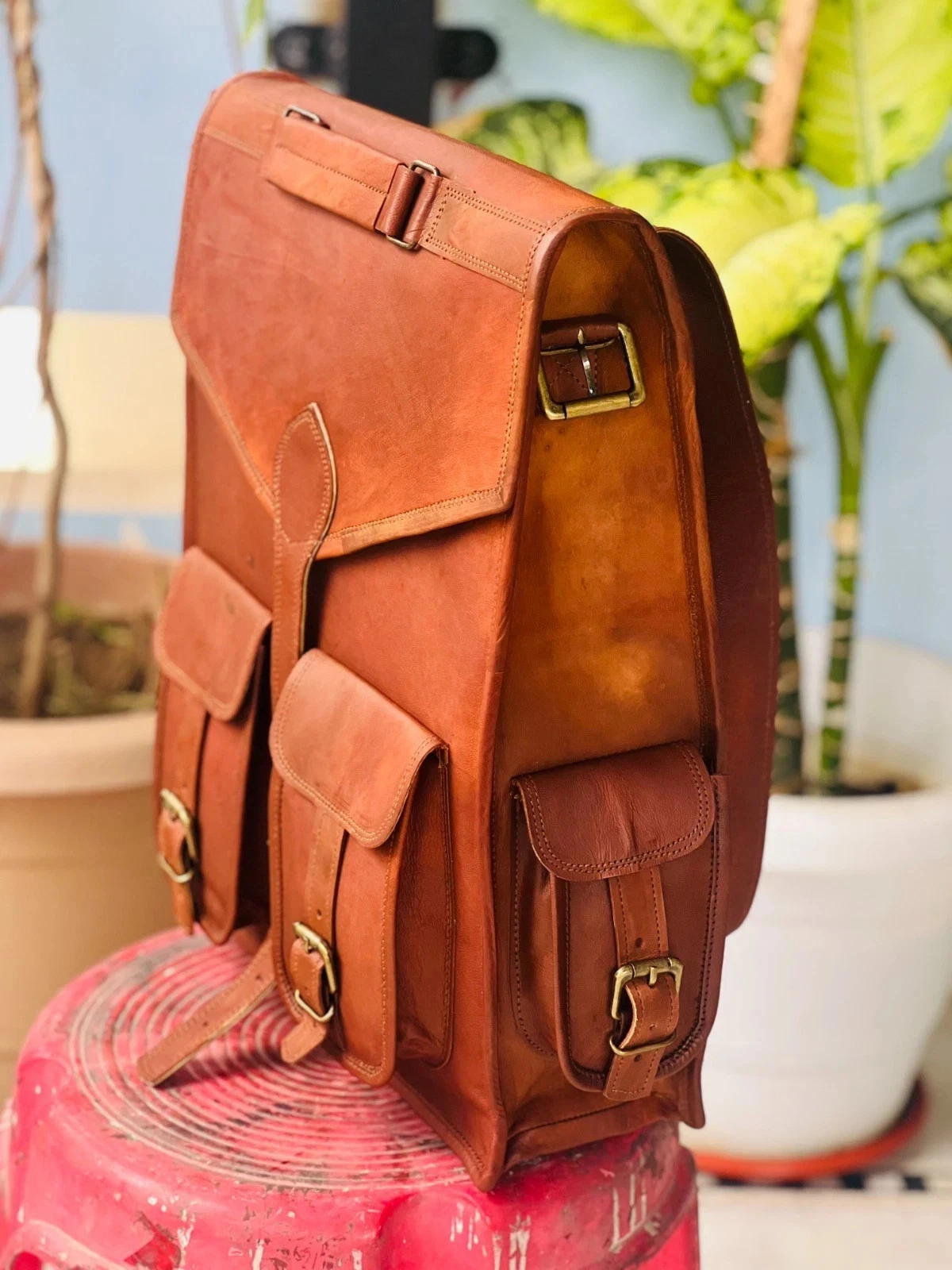 Men’s Vintage Goat Leather Backpack Genuine Laptop Travel Rucksack Brown New