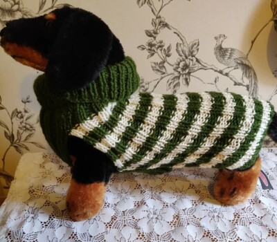 Miniature Dachshund/Sausage Dog Jumper Handmade Aran Green stripe  -New UK