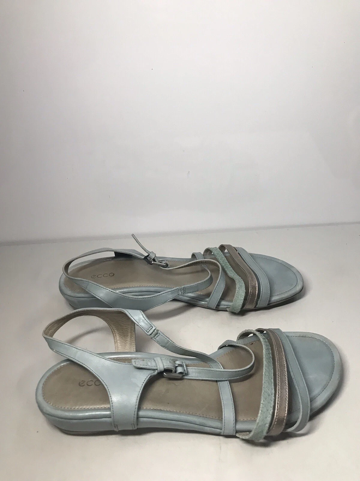 Sandali da donna blu pelle argento punta aperta cinturino zeppa bassa Ecco taglia 40EU 9 5US