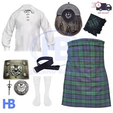 Men's Thistle Set Black Watch 8 Yard Kilt 9pc Leather Sporran, Belt, Buckle