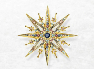 Brooch Pin Moon Star Celestial  Blue Multi color CZ 925 Sterling Silver YG