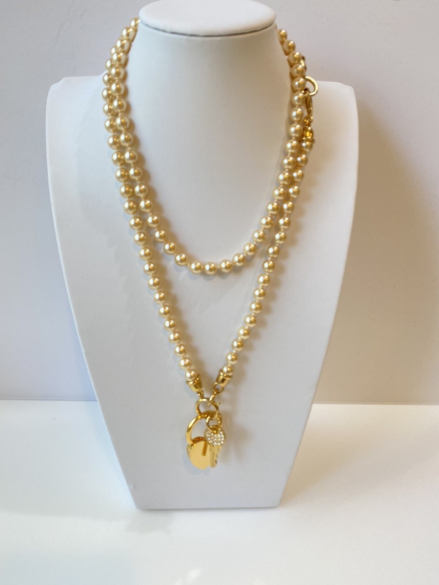 Vintage 80s QVC Lock & Key Pearl Necklace 32” Bracelet 7.5