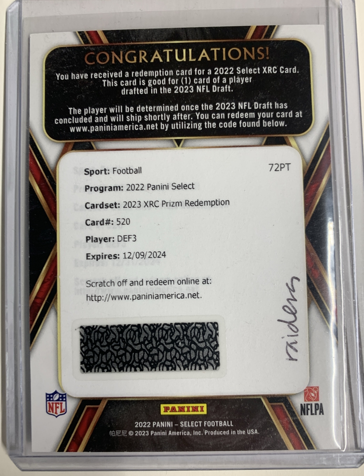 Tyree Wilson 2022 Select Rookie Prizm XRC DEF3 Redemption Card Raiders