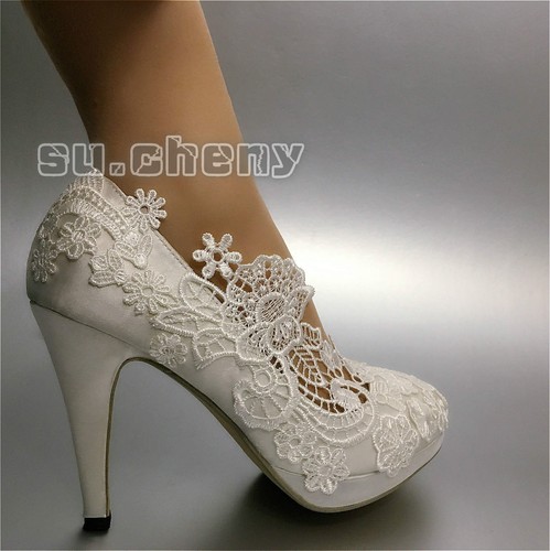 Su.cheny 3"" 4"" tacones blanco marfil seda encaje punta cerrada zapatos de salón boda zapatos de novia - Imagen 2 de 11