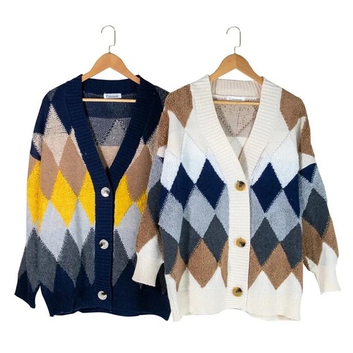 Cardigans Button Puff Sleeve Checkered Oversized Women's Sweaters Sweater Tops - Picture 6 of 26