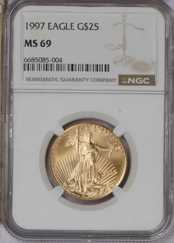 1997 Gold Eagle 1/2 oz. $25 NGC MS69. Low mintage date. Below bid!
