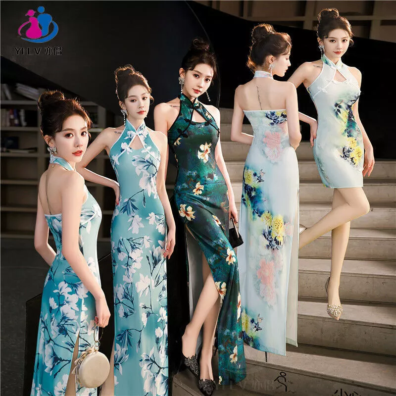 Women Sexy Evening Dress Chinese Traditional Cheongsam Summer Backless Gown