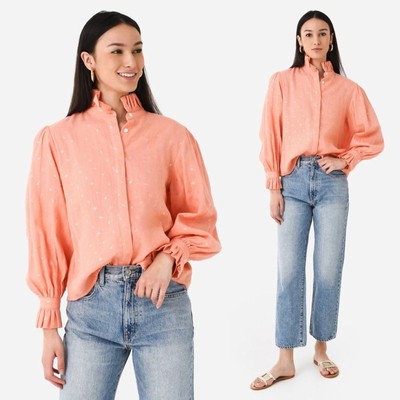 NWT Koch Phoebe Top Button Shirt Ruffle Collar Metallic Blouse Small