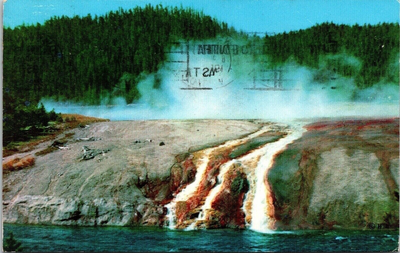 #ad Excelsior Geyser Crater Overflow Geyser Basin Yellowstone Park Postcard PM WOB $4.49