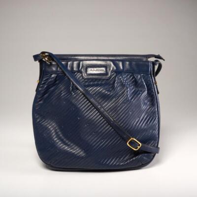 Lancel Paris Ribbed Embossed Dark Navy Leather Shoulder Handbag Vintage