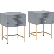 Grey Bedside Tables Set of 2 Stripped Drawer Side Cabinet Modern Gold Steel Legs
