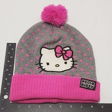 Sanrio Hello Kitty Girls Sock Hat Beanie Gray with Pink Polka Dots and Pom Pom