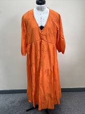 Beautiful Broderie Anglaise Orange Midi Dress Holiday Beach Summer Size 12