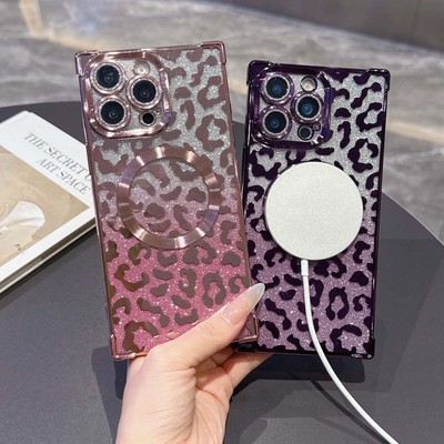 For iPhone 17 Pro Max 15 14 13 Magnetic Glitter Leopard Print Electroplated Case
