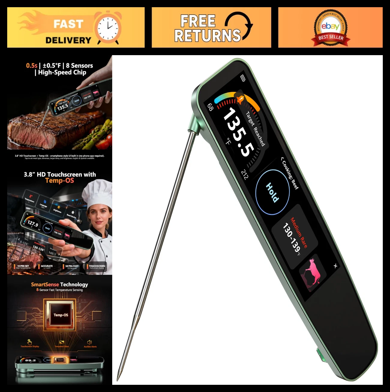 Digital Instant Read Meat Thermometer - 0.5 Sec Accuracy, BBQ Grill Smoker, USB-