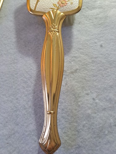 Vintage Waschtisch Set goldfarbene Haarbürste & Spiegel, zartes florales Design auf creme - Bild 4 von 7