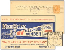 CANADA 1¢ ADMIRAL VANCOUVER CLARKE STUART SEP 1922 P50