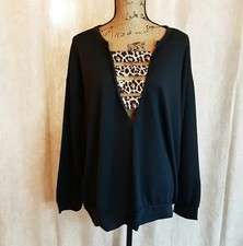 BiBi Long Sleeve Jersey Knit Top Black, Leopard Trim V-neck Relaxed Size M -NWT
