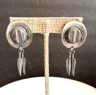 Cowboy Hat Post Earrings with Feather Dangles Silver Tone Pewter Finish