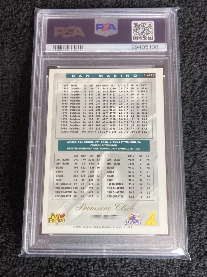 Dan Marino PSA 10 Gem Mint 1997 Premiere Club #1 Score Team Collection Pop 6 Salón de la fama Foto 3 de 3