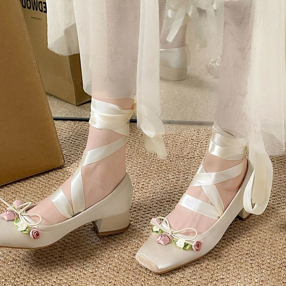 Ballet Shoes Women's Cross Straps Chunky Heels Mary Jane Satin Silk Rose Flower - Image 4 of 4