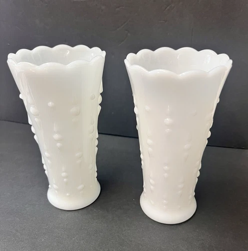 2 Anchor Hocking Milk Glass Vase Scalloped Rim Teardrop Pearl Pattern VTG 7 in