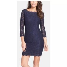 ADRIANNA PAPELL Evenings Navy Lace Lined Sheath Dress 3/4 Sleeve Size 6
