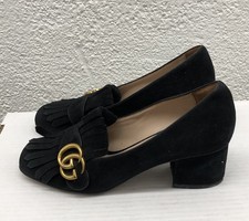 Gucci Suede GG Marmont Pumps Shoes 8 US 38 EU Black Fringe Heels Bag FLAW BB16