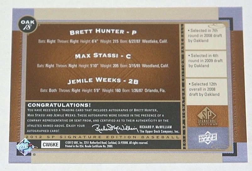2012 SP Signature Triple Auto #OAK-18 Brett Hunter/Max Stassi/Jemile Weeks A's - Image 2 of 2