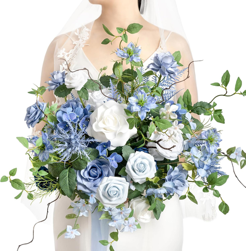 Dusty Blue Wedding Bouquets for Bride, Blue and White Bridal Bouquets for Bride, - Picture 8 of 12