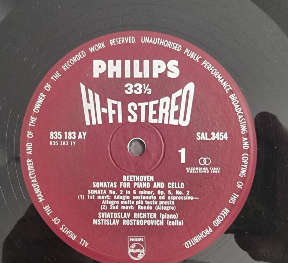 PHILIPS HIFI STEREO BEETHOVEN ROSTROPOVICH RICHTER CELLO SONATAS 835182/83 AY NM - Image 2 of 4